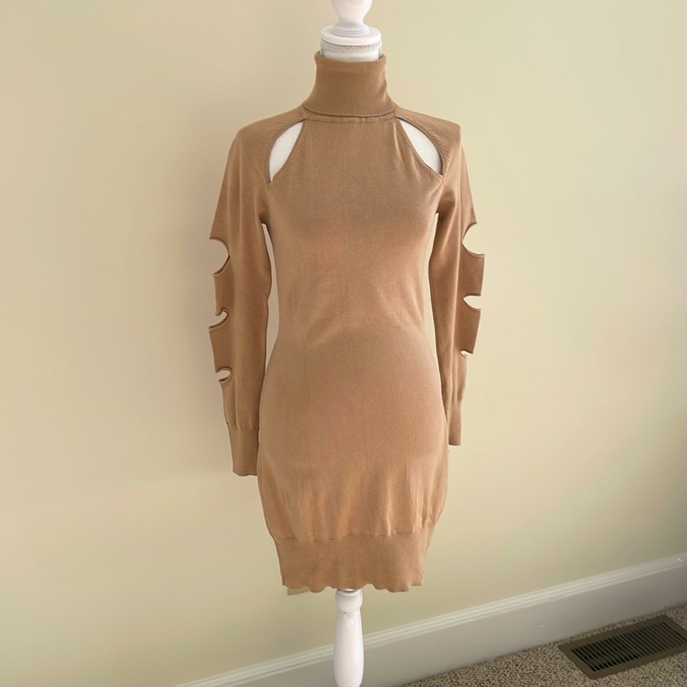 Derek Heart Tan Fitted Turtleneck Sweater Dress With Cut Out Sleeves. Large